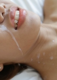 18yo petite Thai ladyboy Natty has face and chest covered in cum
